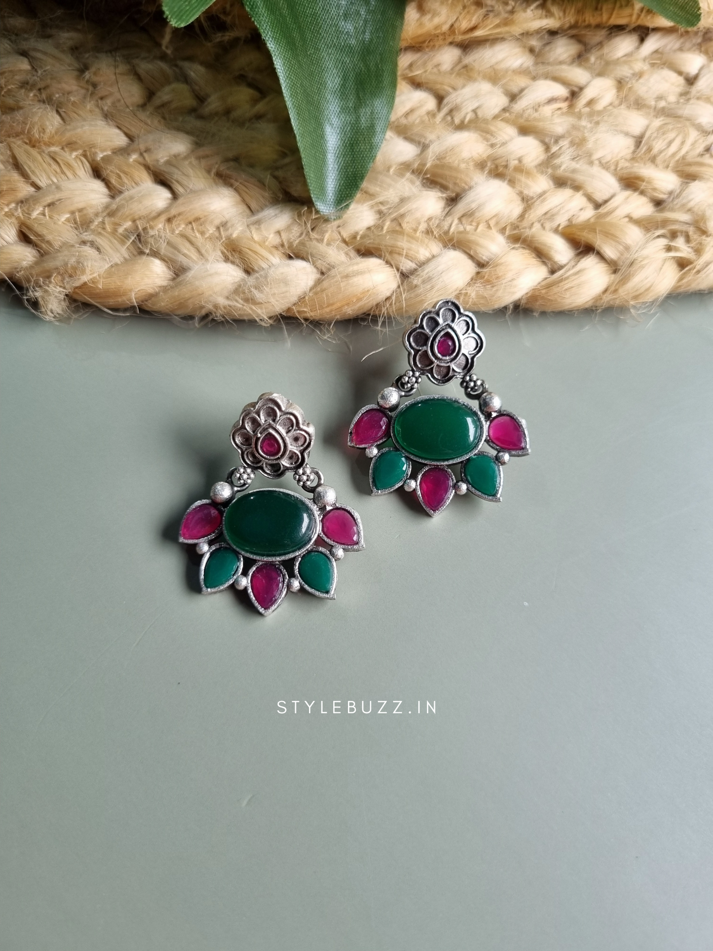 Silver Replica Trendy Green & Pink Earrings