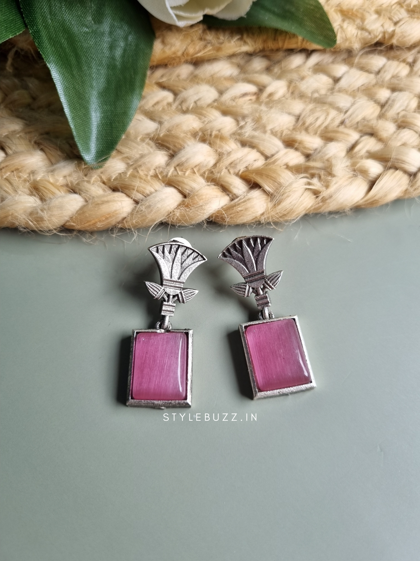 Silver Replica Trendy Pink Square Earring