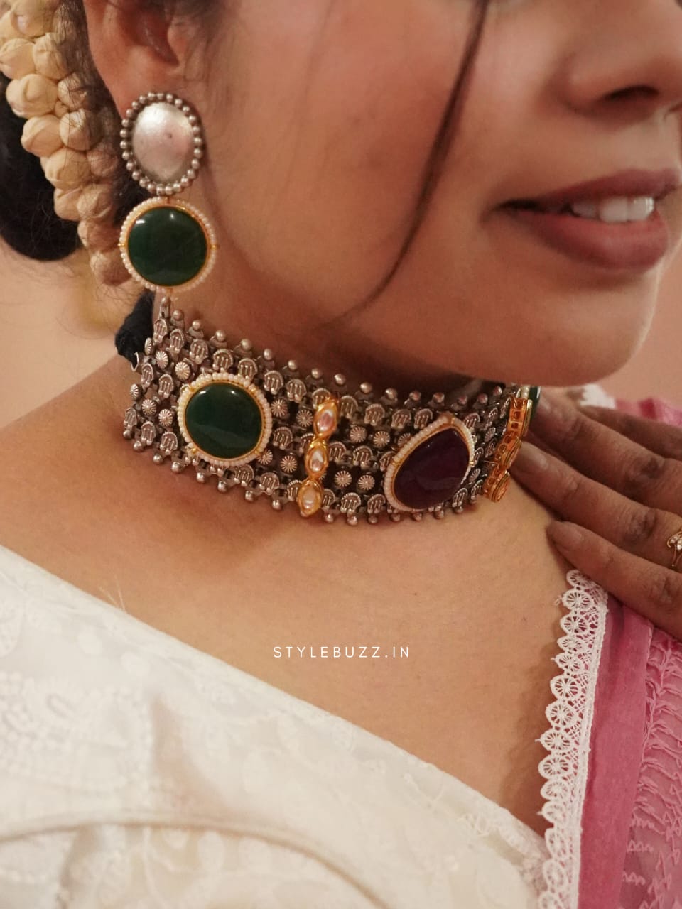Silver Replica Gorgeous Designed Maroon And Green Stoned Chokar