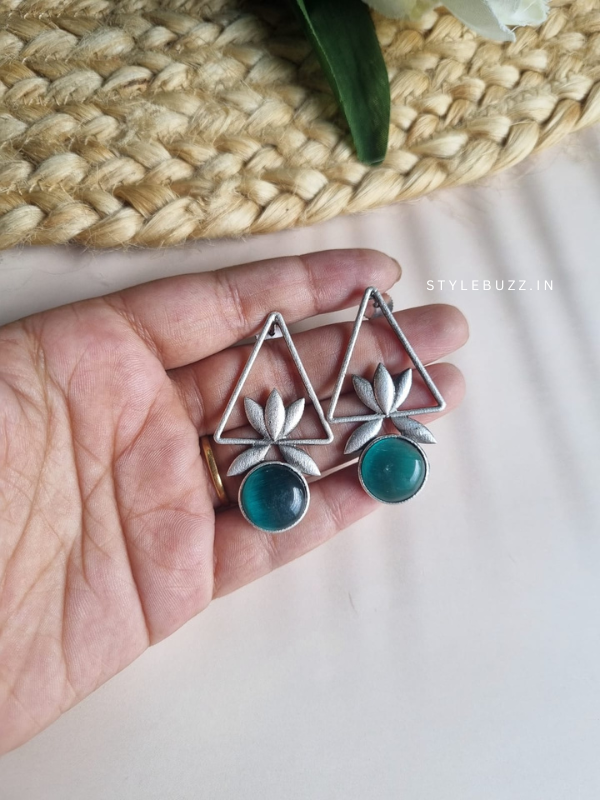 Triangle Shaped Earrings With Sea Green Monalisa Stone