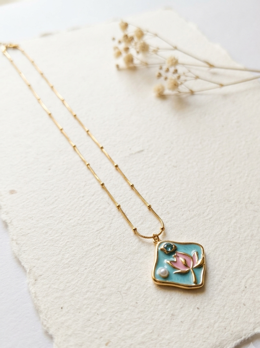 Waterproof Lotus Enameled Pendant Necklace