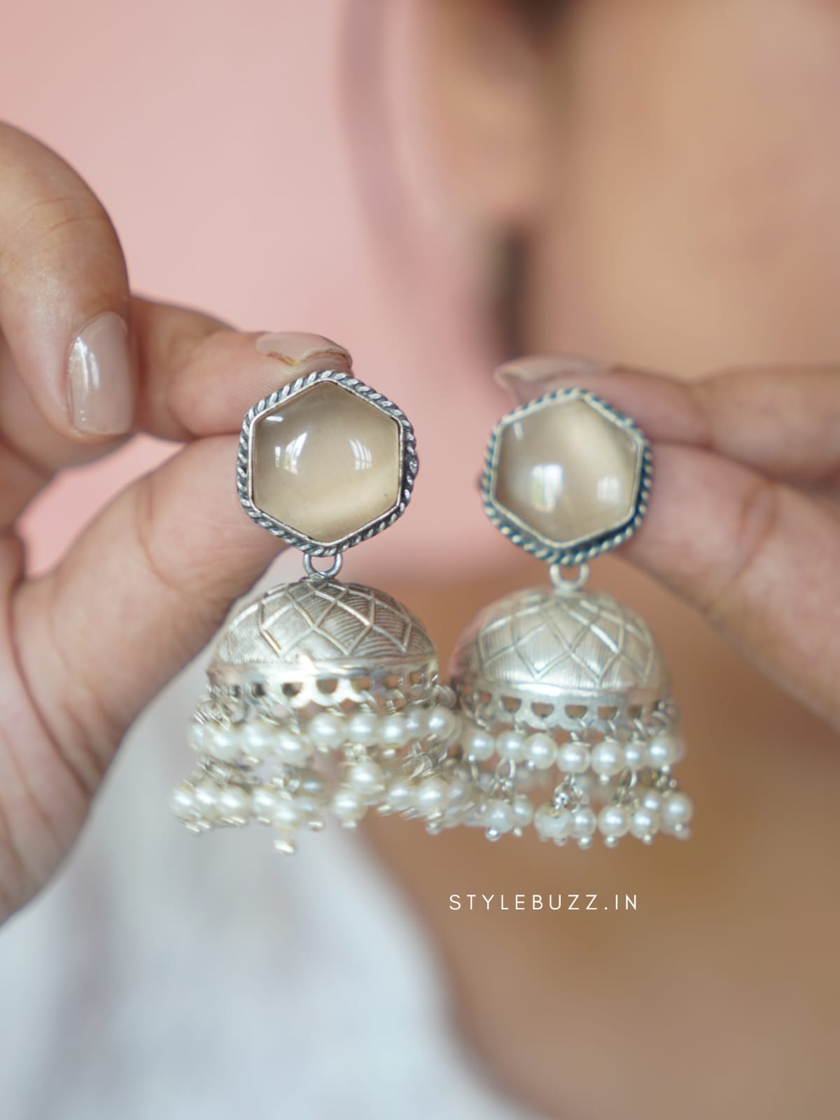 Premium Beige Colored Stoned Jhumka