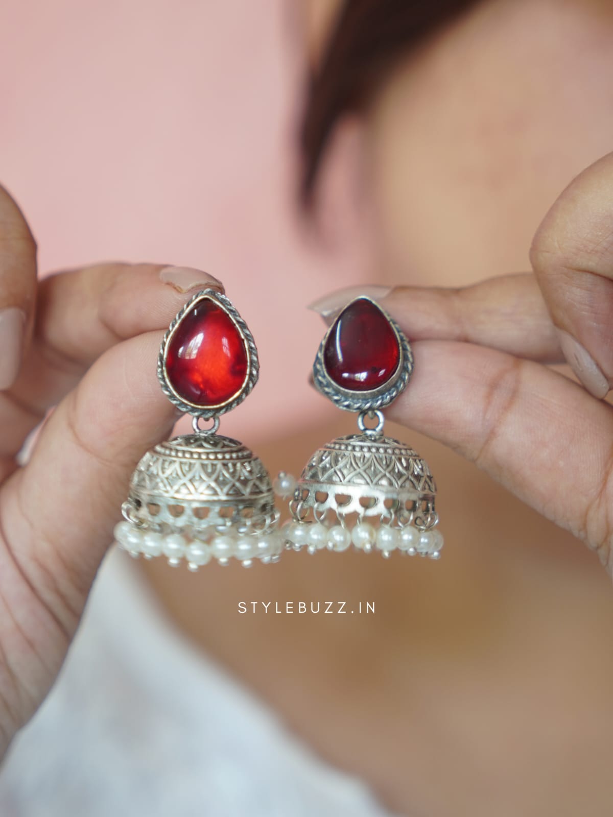 Premium Cherry Red Colored Stoned Jhumka