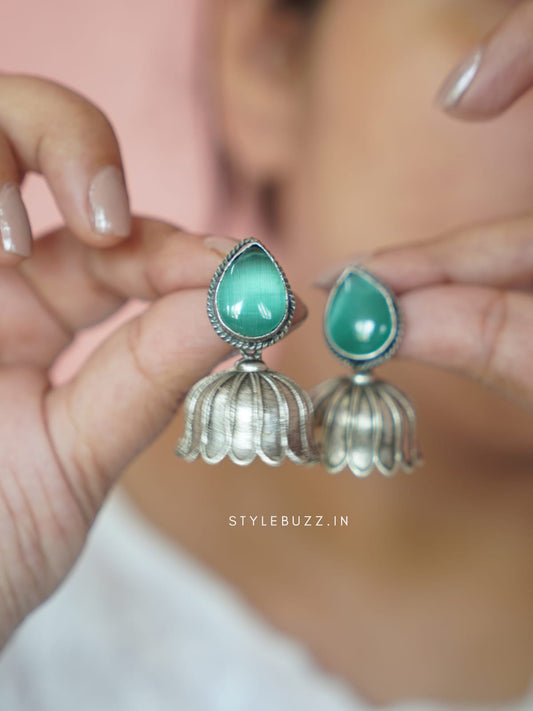 Premium Lotus Shaped Sea Green Stoned Earrings