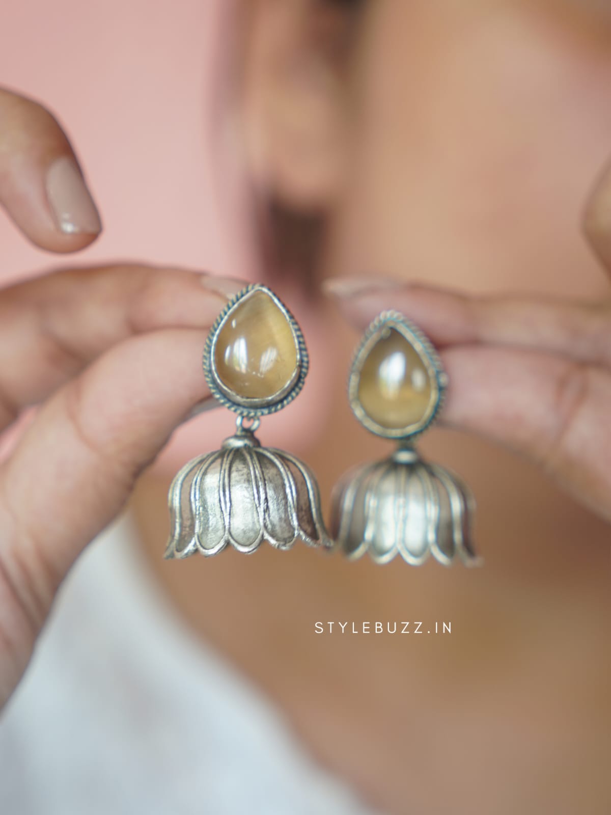 Premium Lotus Shaped Beige Colored Stoned Earrings