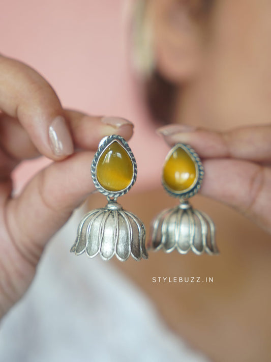 Premium Lotus Shaped Honey Yellow Colored Stoned Earrings