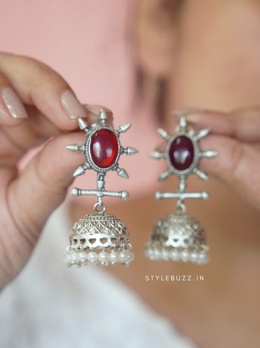 Premium Designed Cherry Red Stoned Festive Jhumka