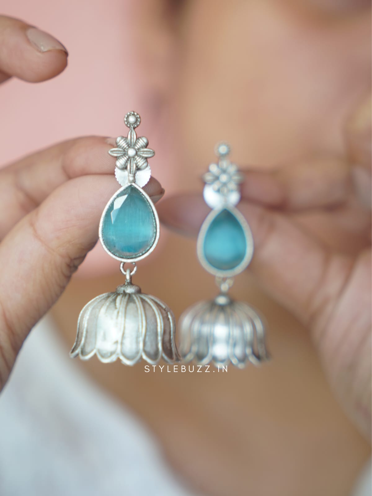 Premium Flower Designed Sky Blue Stoned Earrings