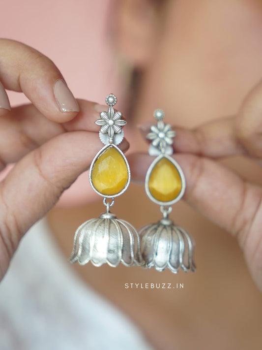 Premium Flower Designed Yellow Stoned Earrings