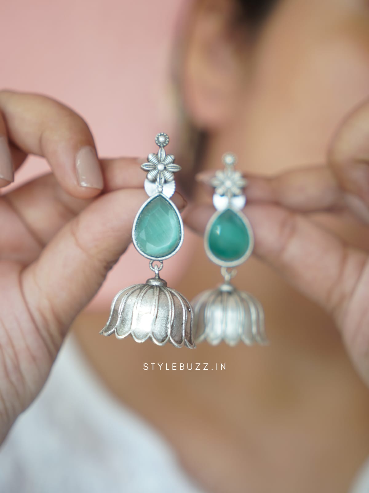 Premium Flower Designed Sea Green Stoned Earrings