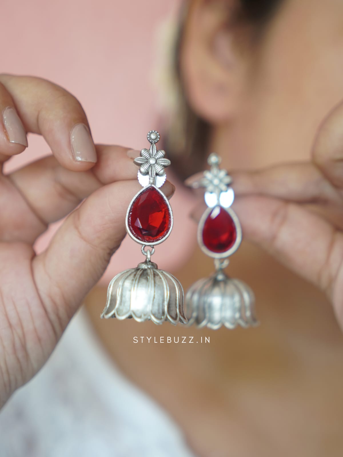 Premium Flower Designed Cherry Red Stoned Earrings