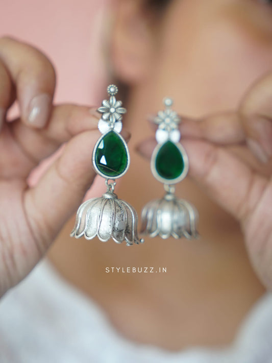 Premium Flower Designed Green Stoned Earrings