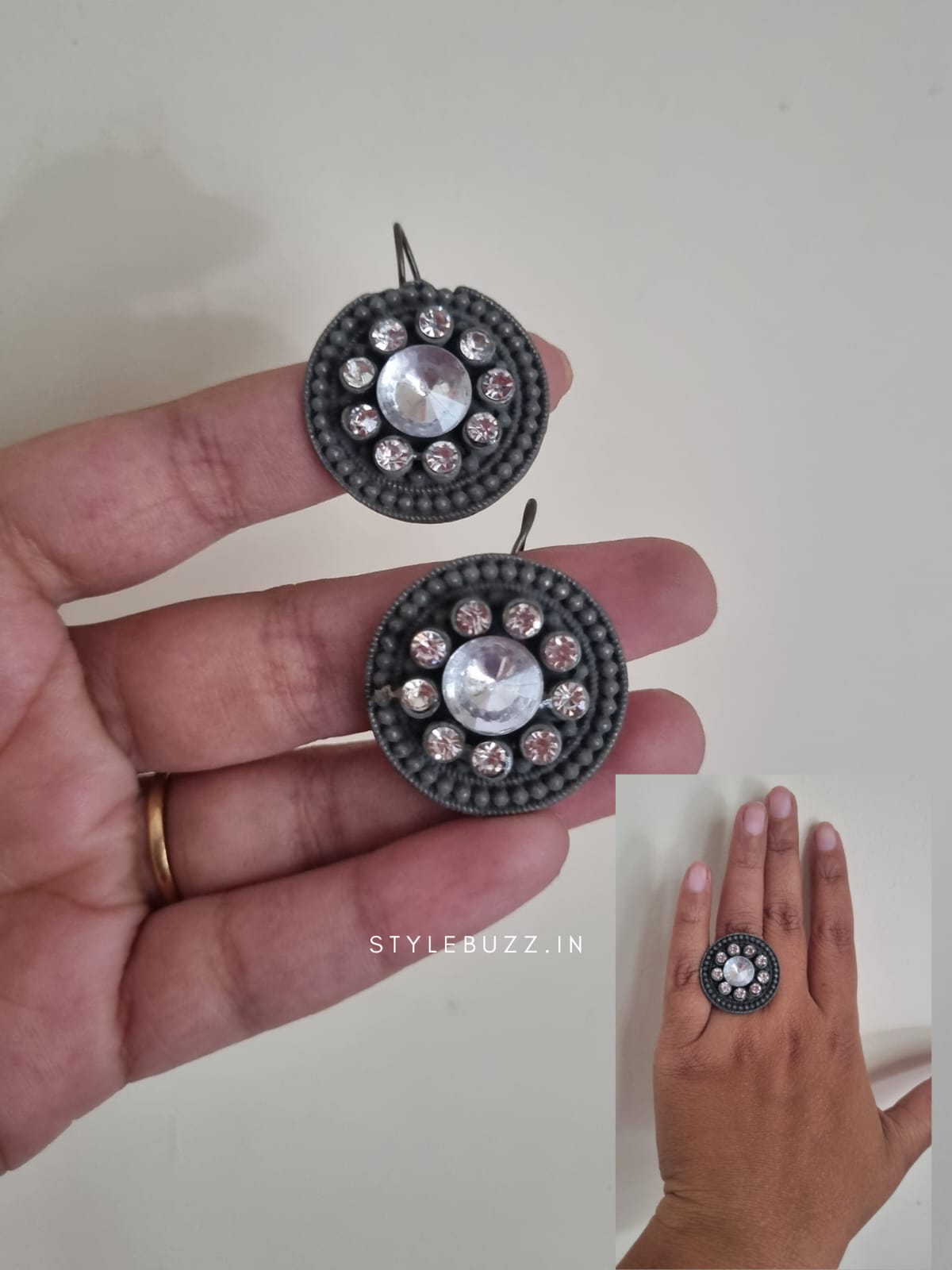 Black Polish Stylish Earrings And Finger Ring Set