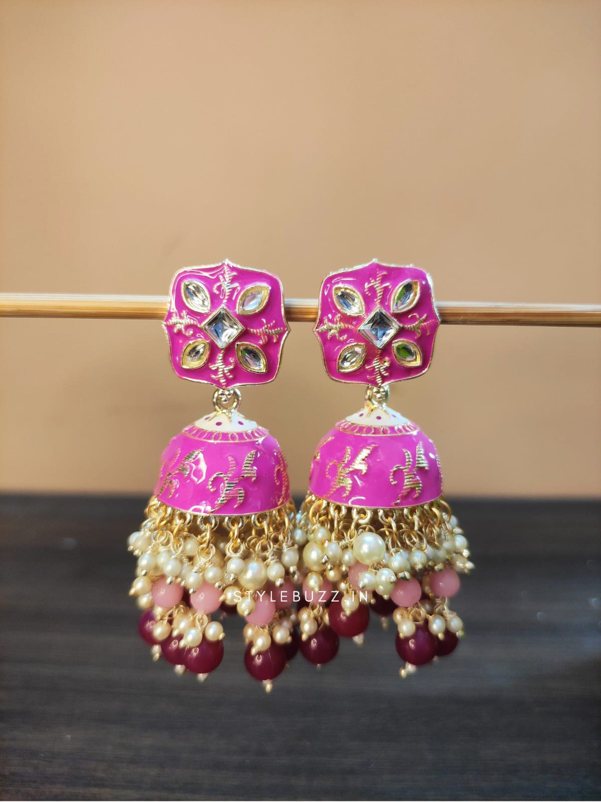 Minakari Pink Colored Earrings With Multi Colored Beads