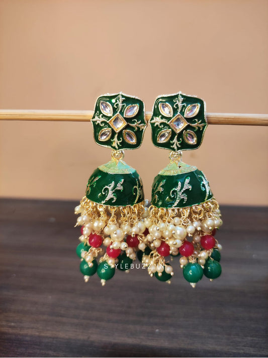 Deep Green Colored Minakari Earrings With White Stone