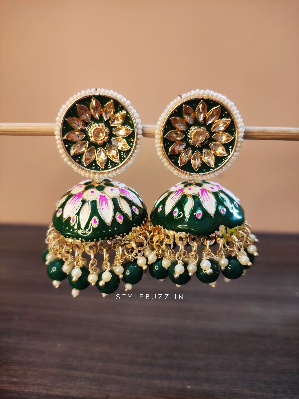 Meenakari Deep Green Colored Floral Designed Earrings