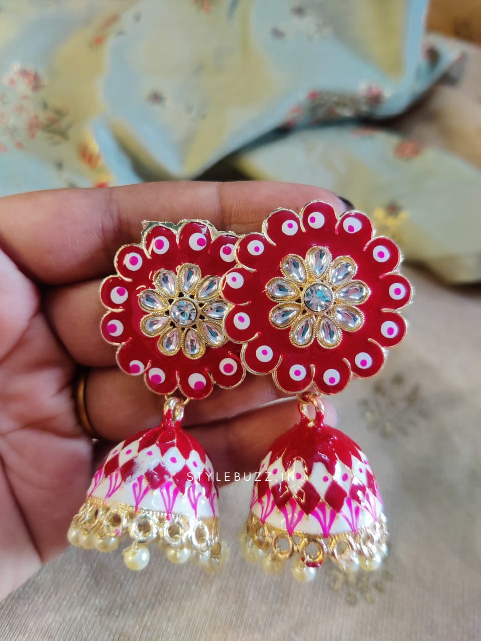 Meenakari Red Colored Drop Jhumka