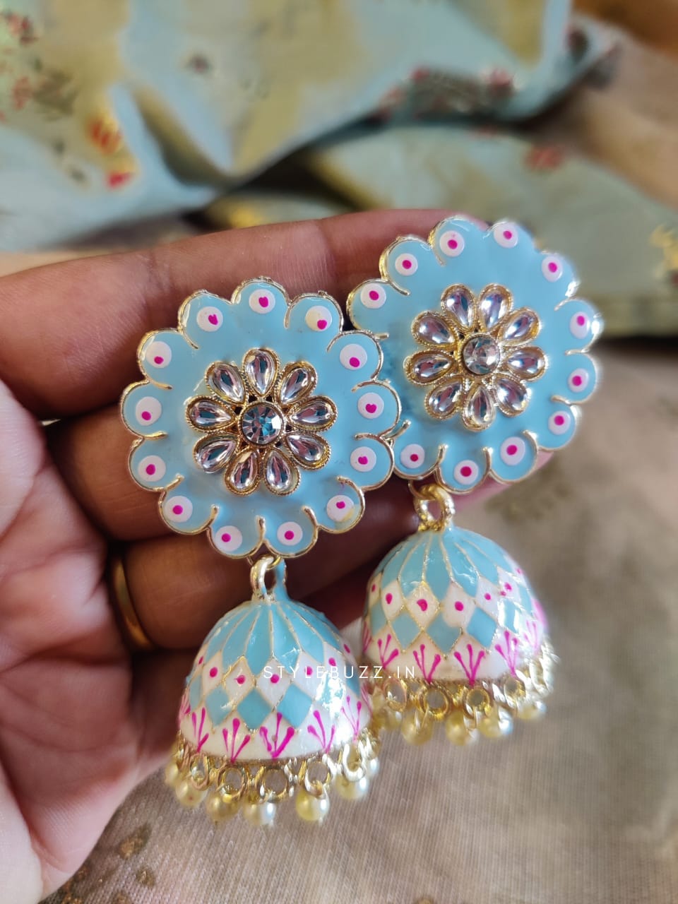 Meenakari Flower Designed Sky Colored Earrings