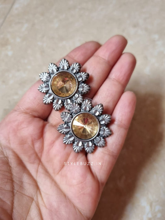 Sunflower Shaped Beige Colored Stoned Trendy Earrings