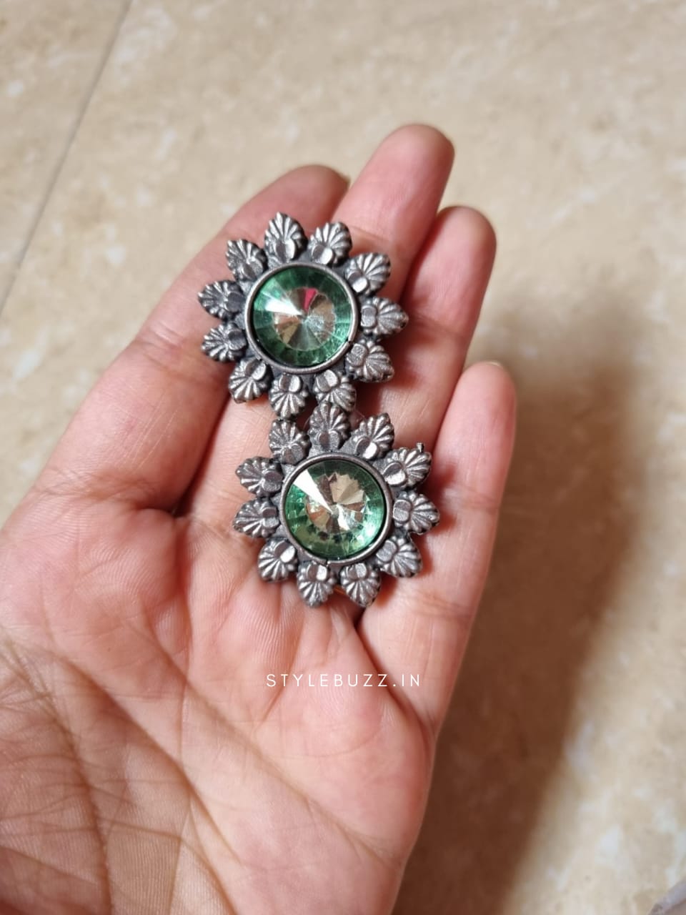 Sunflower Shaped Green Stoned Stylish Earrings