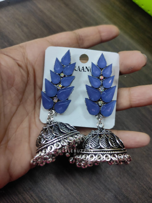 Blue Colored Studded Leafy Earrings