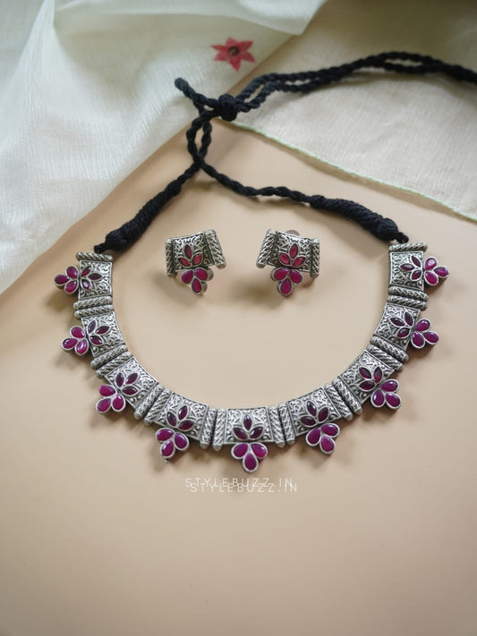 Silver Replica Deep Pink Stoned Adjustable Necklace