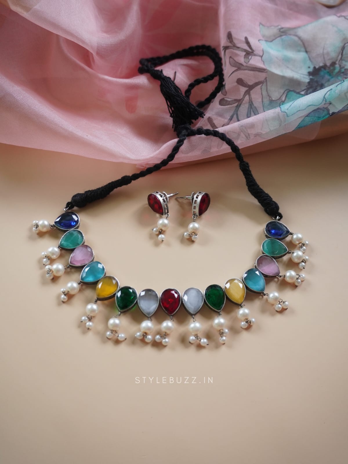 Silver Replica Multi Colored Stoned Adjustable Necklace With White Beads