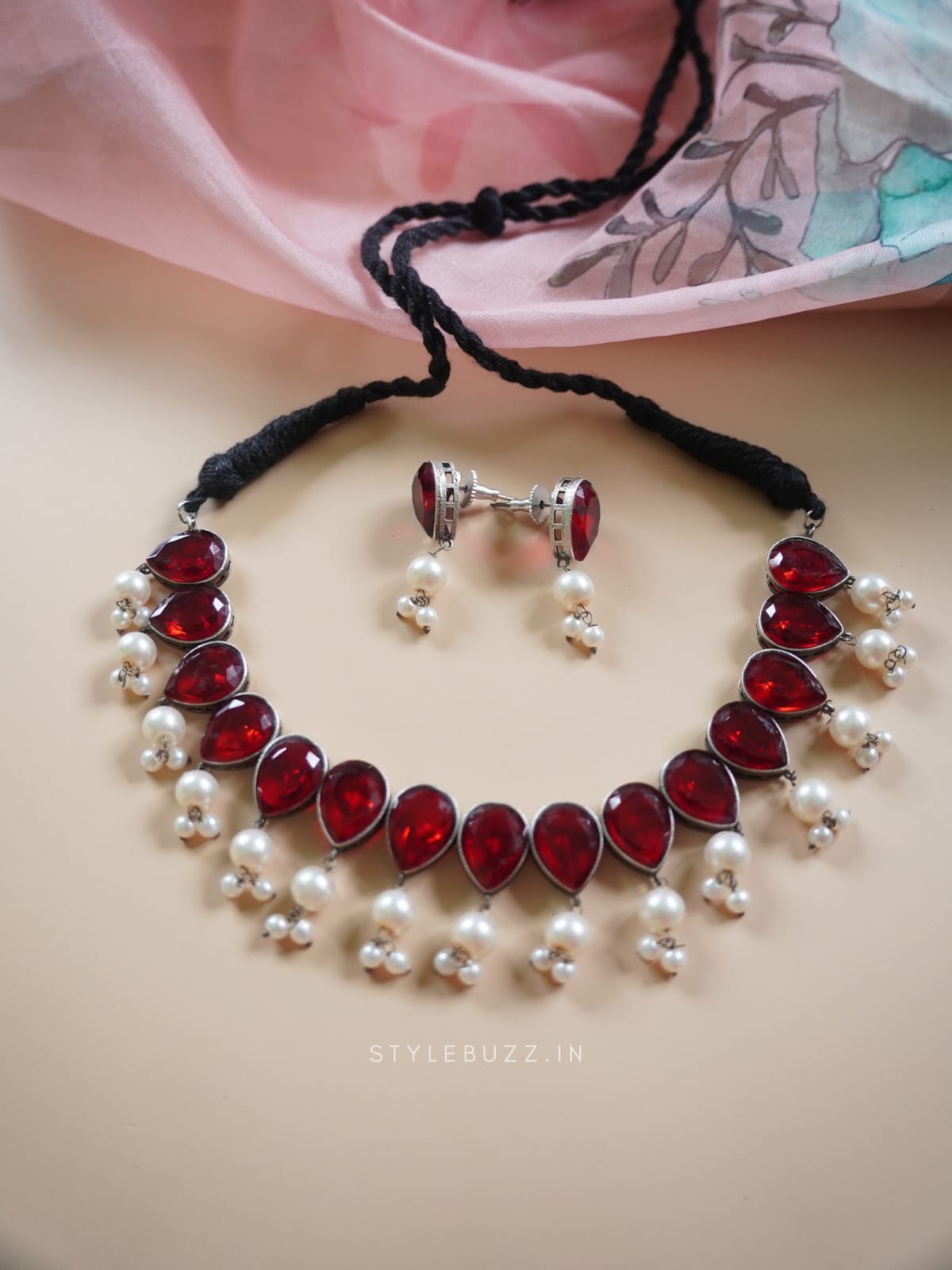 Silver Replica Red Stoned Stylish Adjustable Necklace With White Beads