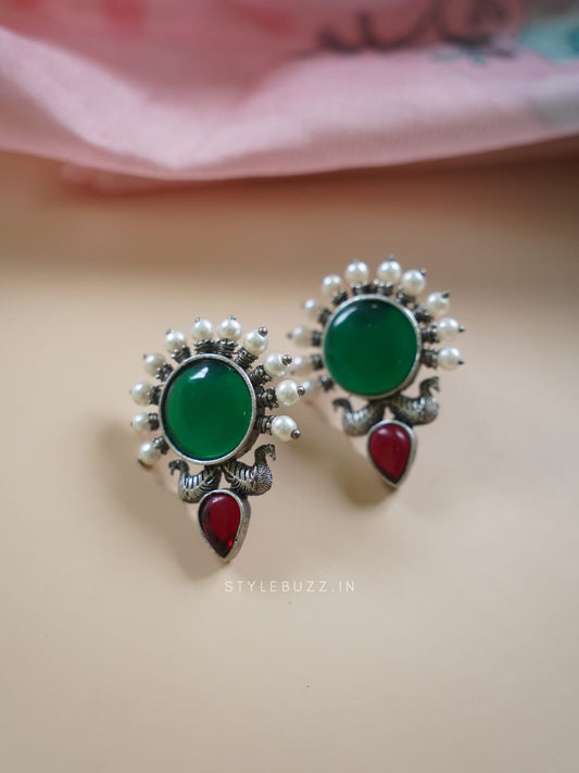 Silver Replica Green And Red Color Stoned Premium Earrings