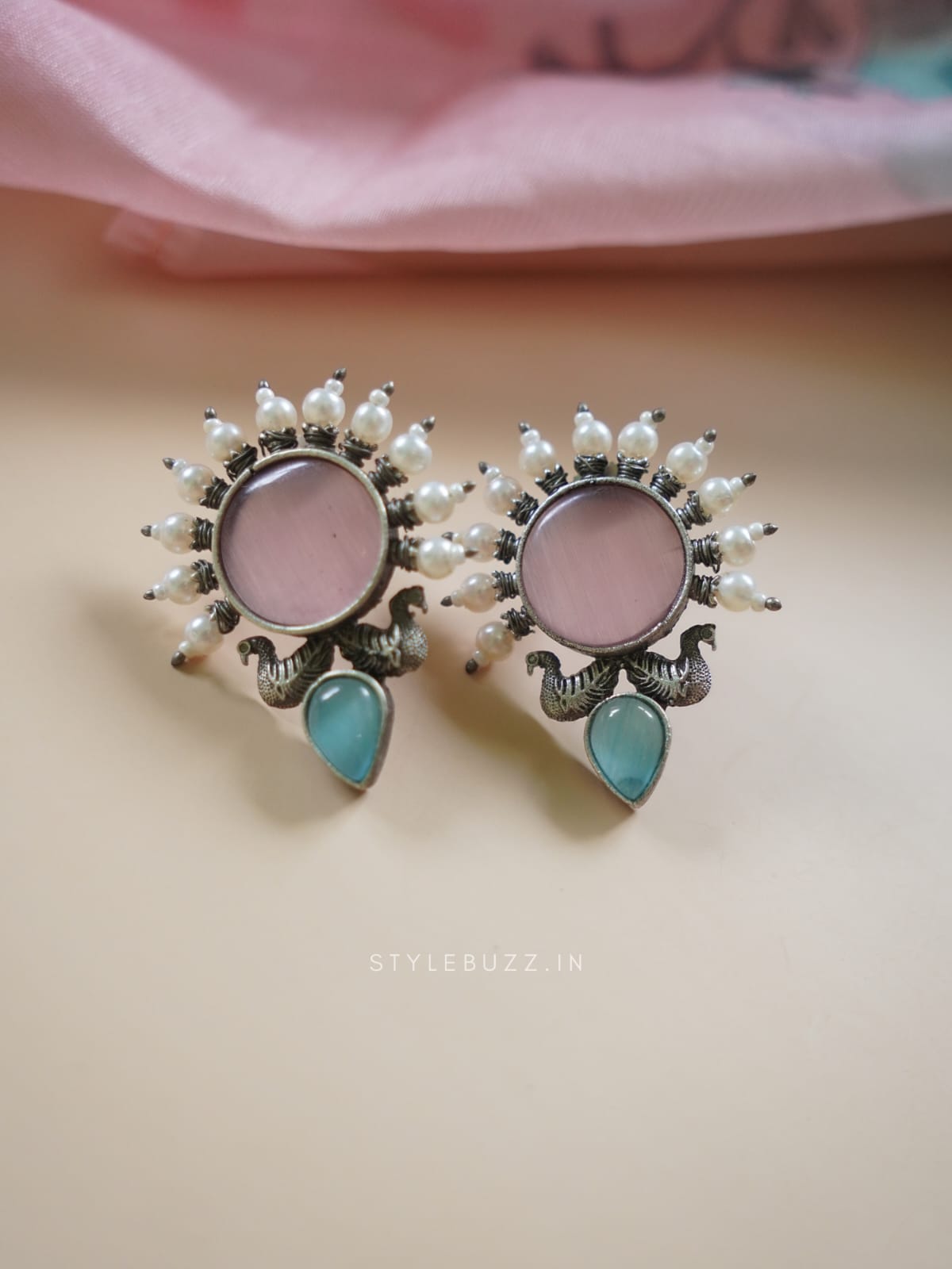 Silver Replica Pink And Sky Color Stoned Premium Earrings