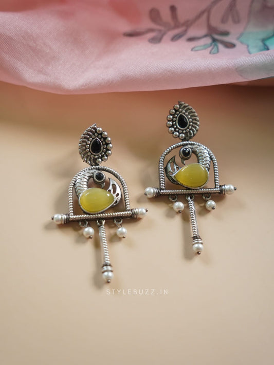 Silver Replika Yellow Stoned Bird Designed Earrings