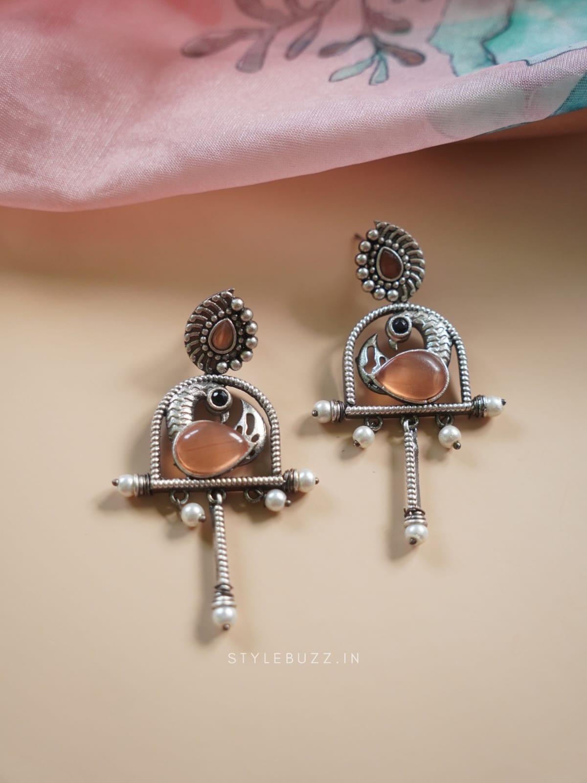 Silver Replika Orange Stoned Bird Designed Earrings