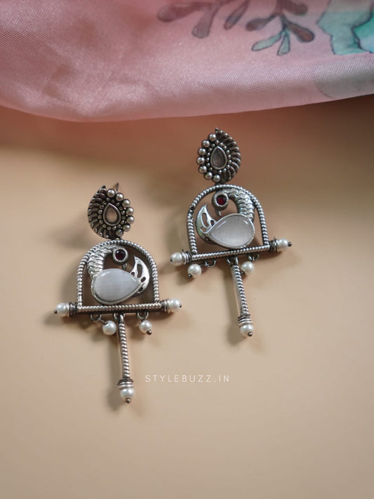 Silver Replika Gray Stoned Bird Designed Earrings