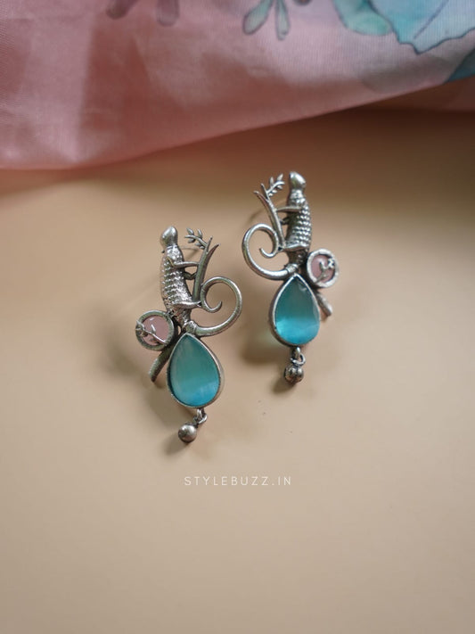 Silver Replika Sky Color Stoned Lizard Designed Earrings