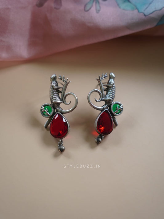 Silver Replika Red Color Stoned Lizard Designed Earrings