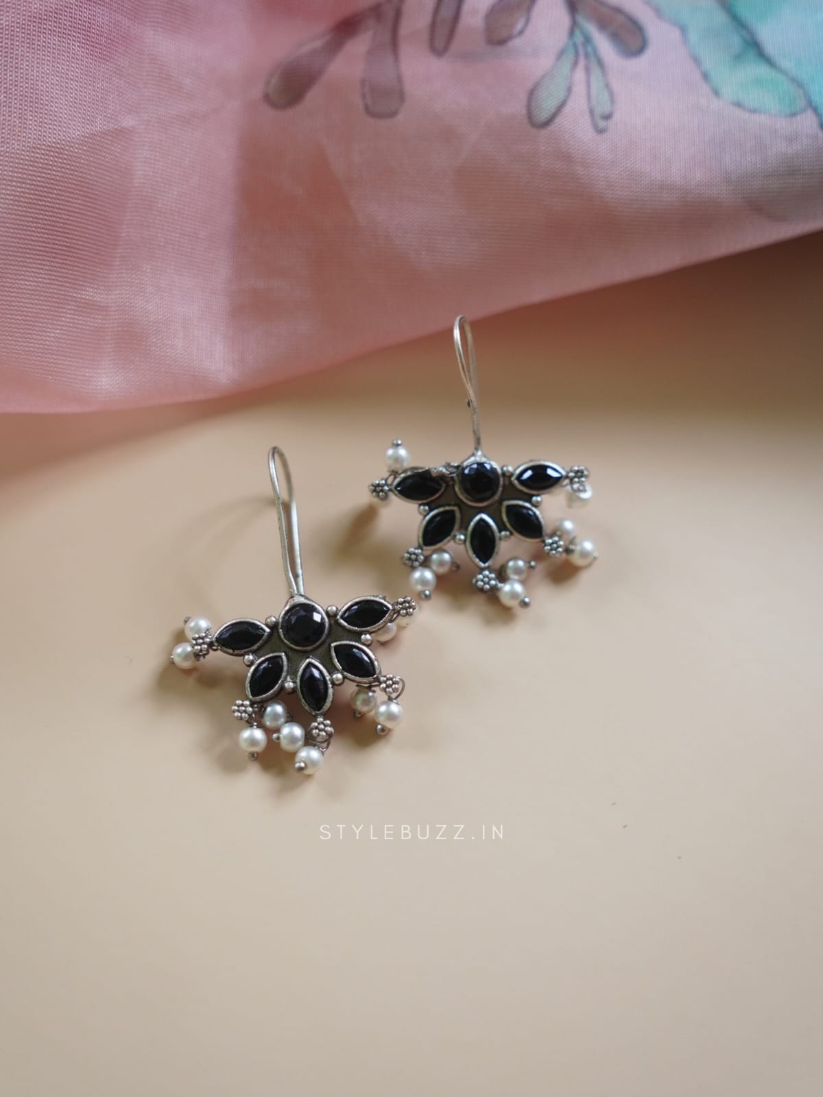 Silver Replica Black Stoned Designer Earrings With Beads