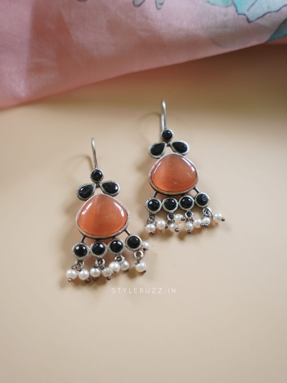 Silver Replica Orange And Black Stoned  Fashionable Earrings With Beads