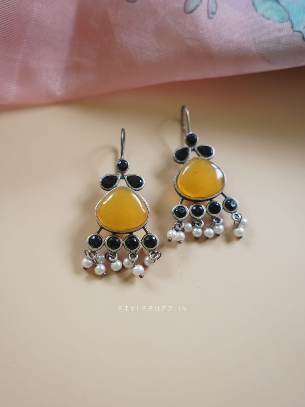 Silver Replica Yellow And Black Stoned Fashionable Earrings With Beads