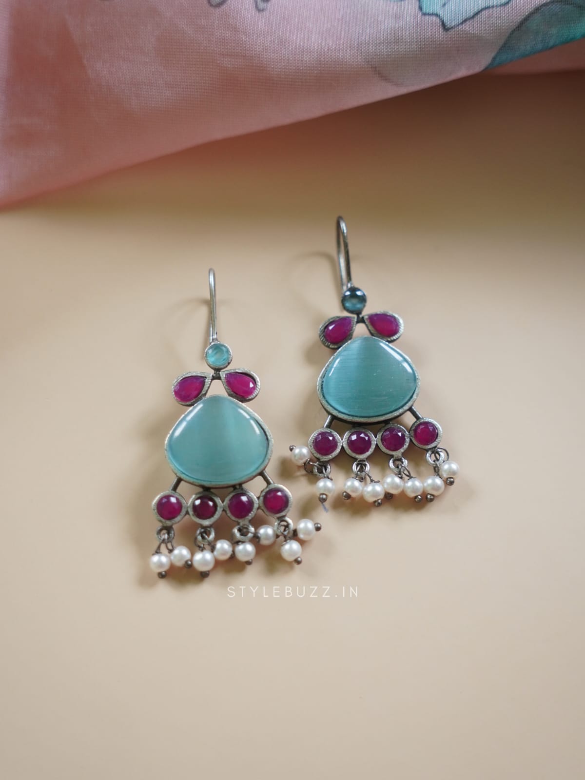 Silver Replica Blue And Pink Stoned Fashionable Earrings With Beads