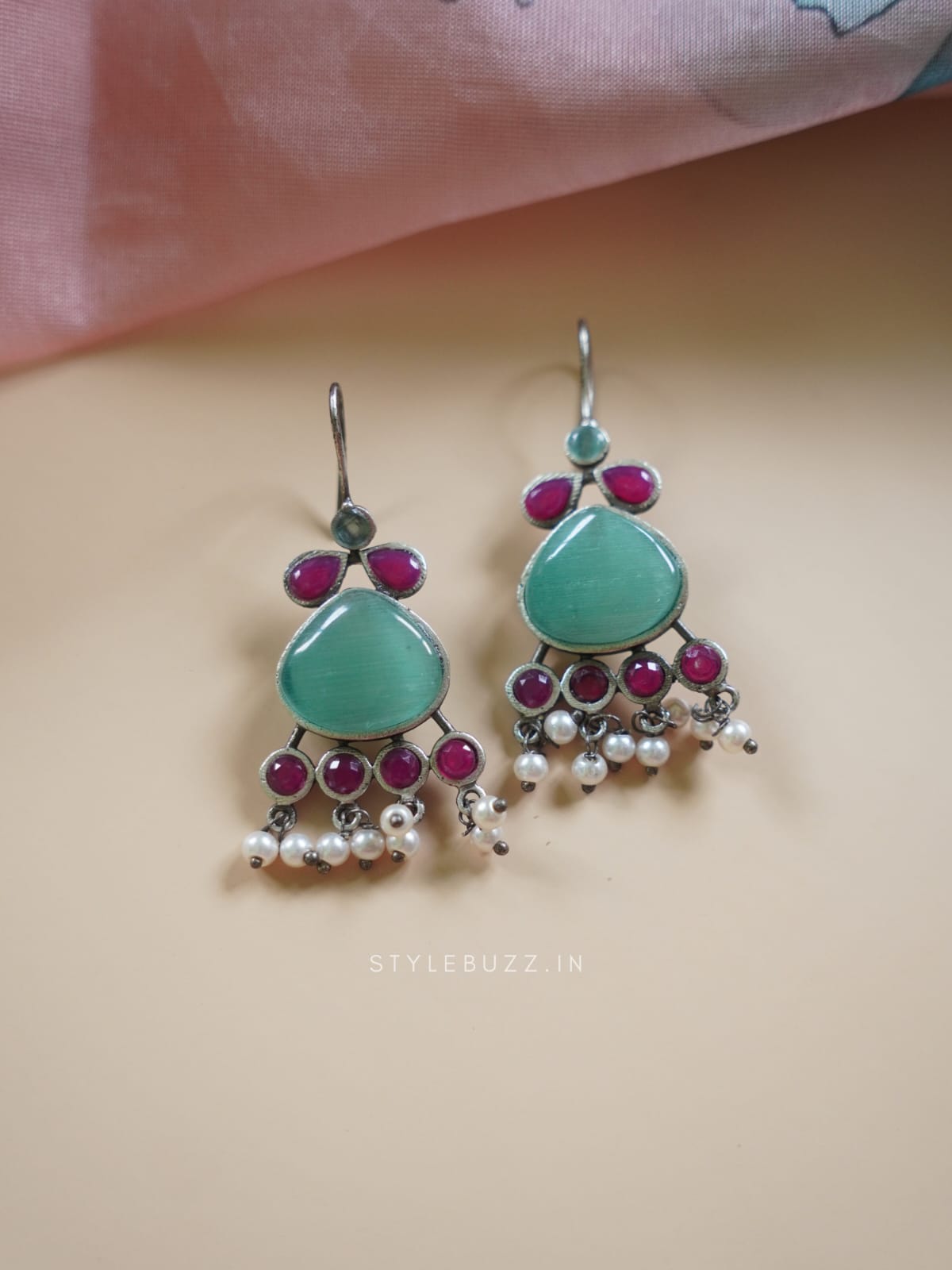 Silver Replica Green And Deep Pink Stoned Fashionable Earrings With Beads