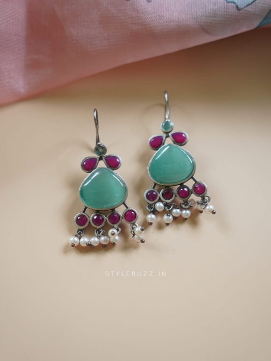 Silver Replica Green And Deep Pink Stoned Fashionable Earrings With Beads