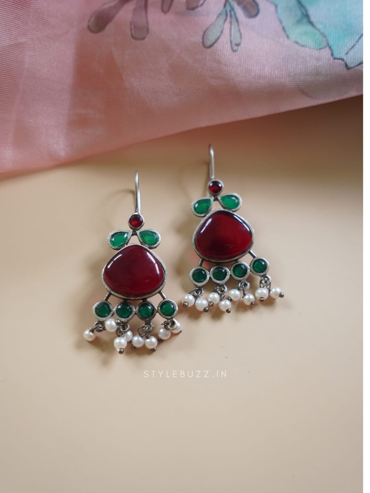 Silver Replica Red And Green Stoned Fashionable Earrings With Beads