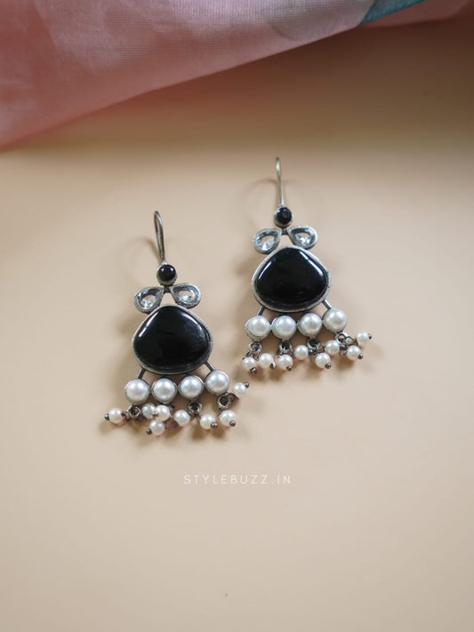 Silver Replica Black And White Stoned Fashionable Earrings With Beads