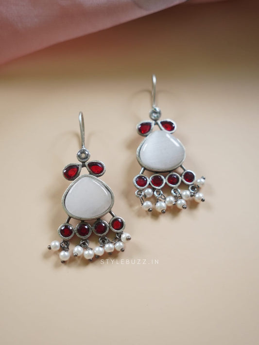 Silver Replica White And Red Stoned Fashionable Earrings With Beads