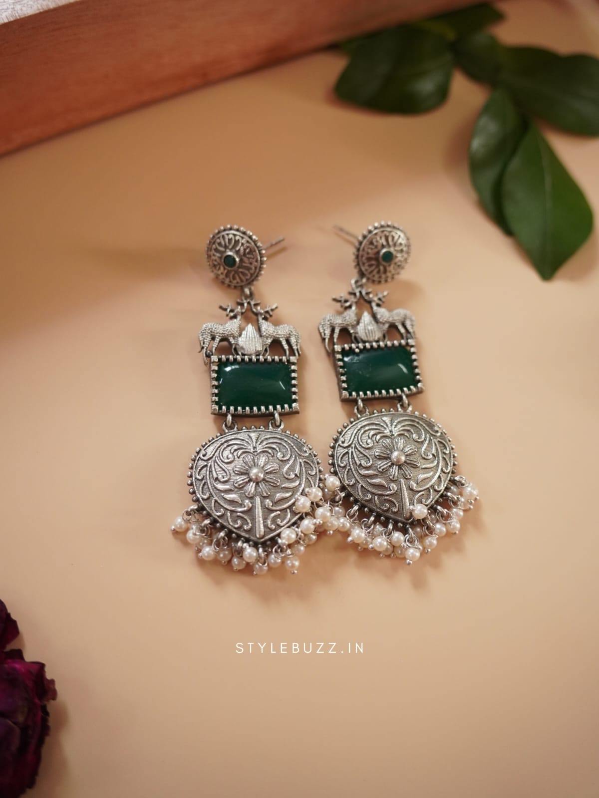 Silver Replica Deer Designed Green Stoned Earrings For Woman