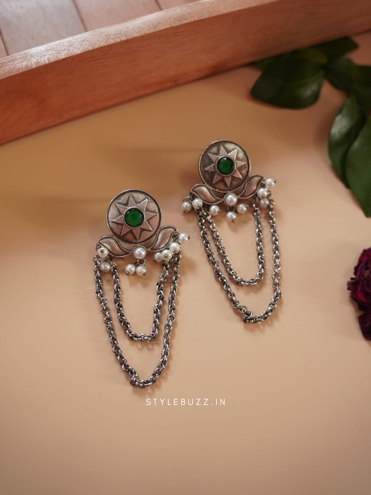 Silver Replica Trendy Green Stoned Earrings For Woman