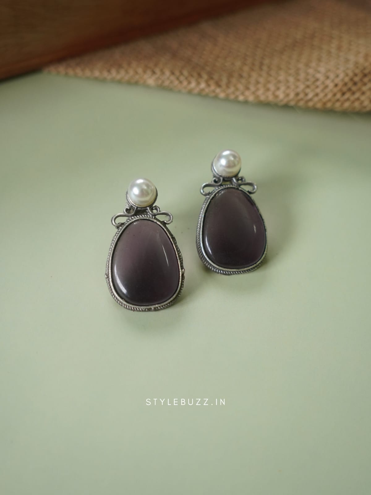 Silver Replica Black Colored Stoned Classy Earrings With Pearl