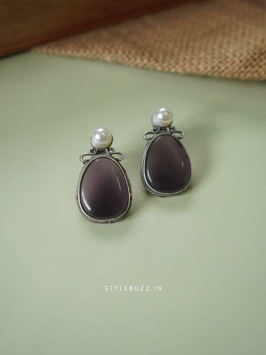 Silver Replica Black Colored Stoned Classy Earrings With Pearl