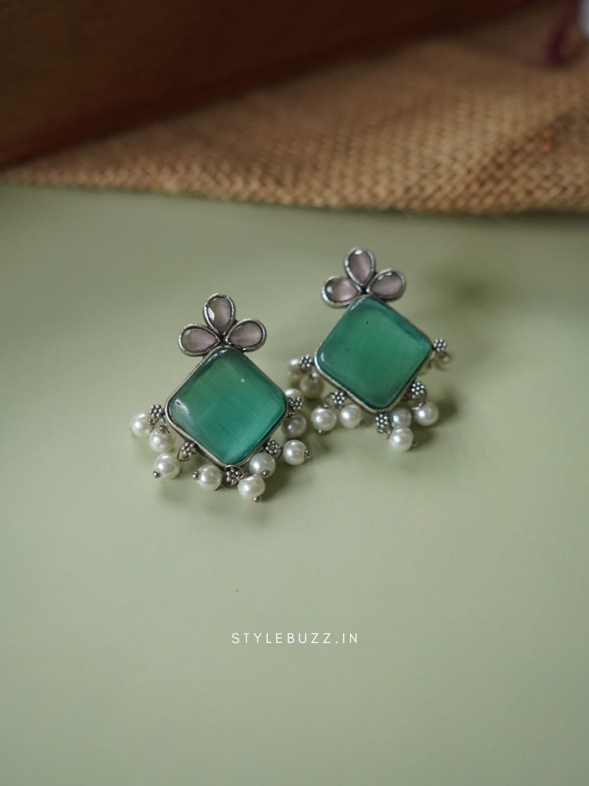 Silver Replica Green And Purple Colored Stoned Stylish Earrings