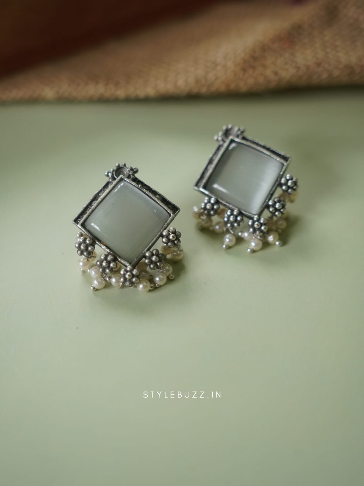 Silver Replica Gray Colored Stoned Stylish Earrings